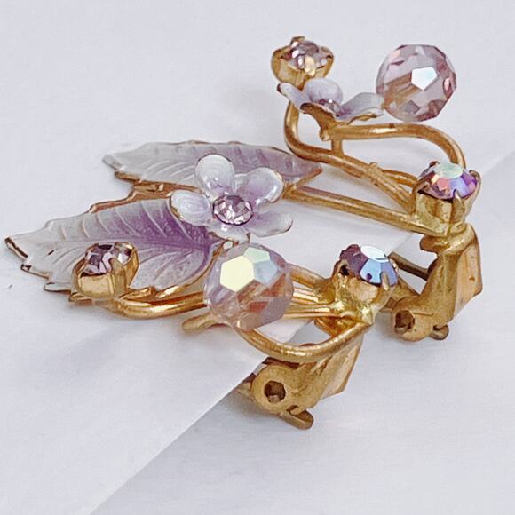 Vintage Austria Purple Floral Clip On Earrings AB Rhinestone Beads Gold Tone - Picture 8 of 11